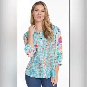 John Mark Linen Embroidered Plaid Floral Button Down Tunic Blouse Size 2X